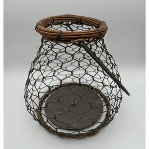 Chicken Wire and Wicker Candle Holder Basket w Handle Seibels for Camps Cottages
